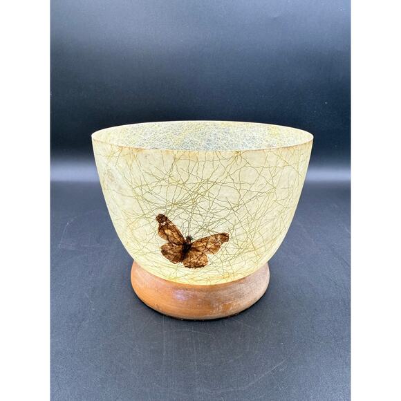 Vintage MCM BOHO Fiberglass Decorative Bowl on Wood Base wButterflies - Picture 4 of 8